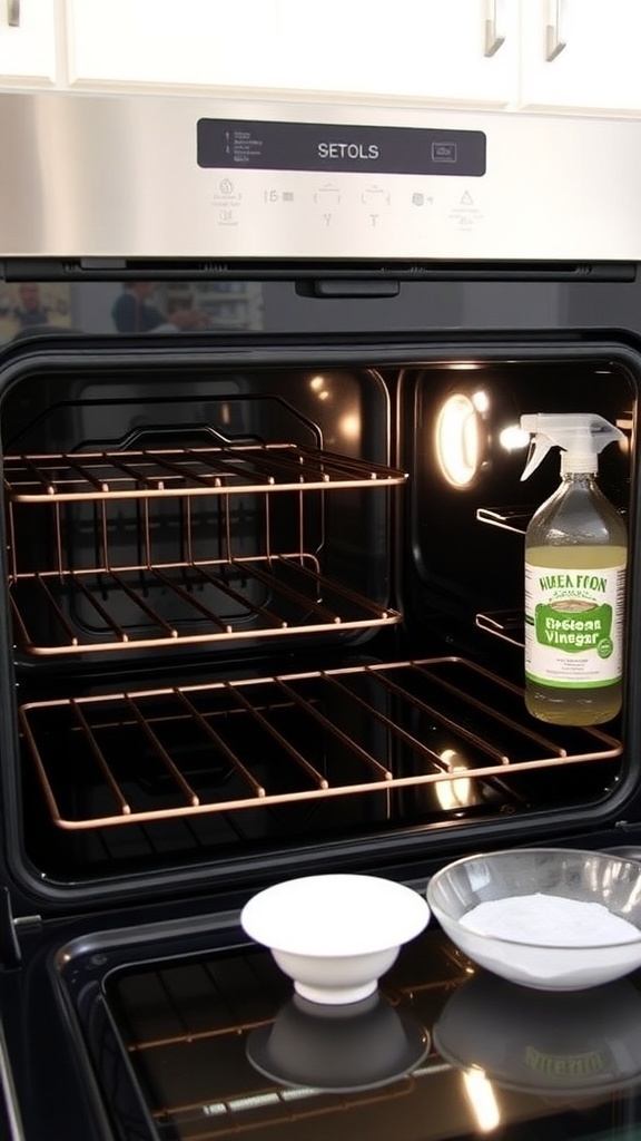 Effective Oven Cleaning Guide A spotless oven interior with clean racks and cleaning supplies on the countertop.